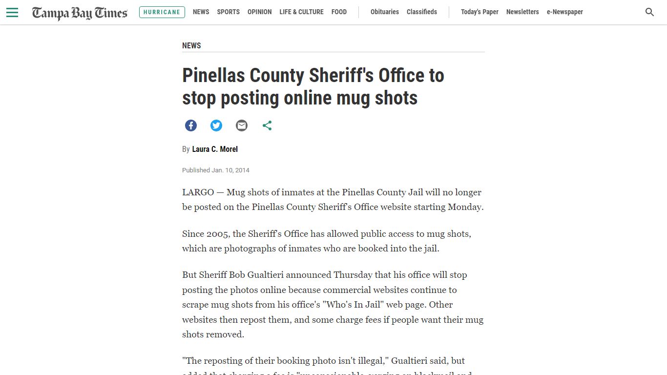 Pinellas County Sheriff's Office to stop posting online mug shots